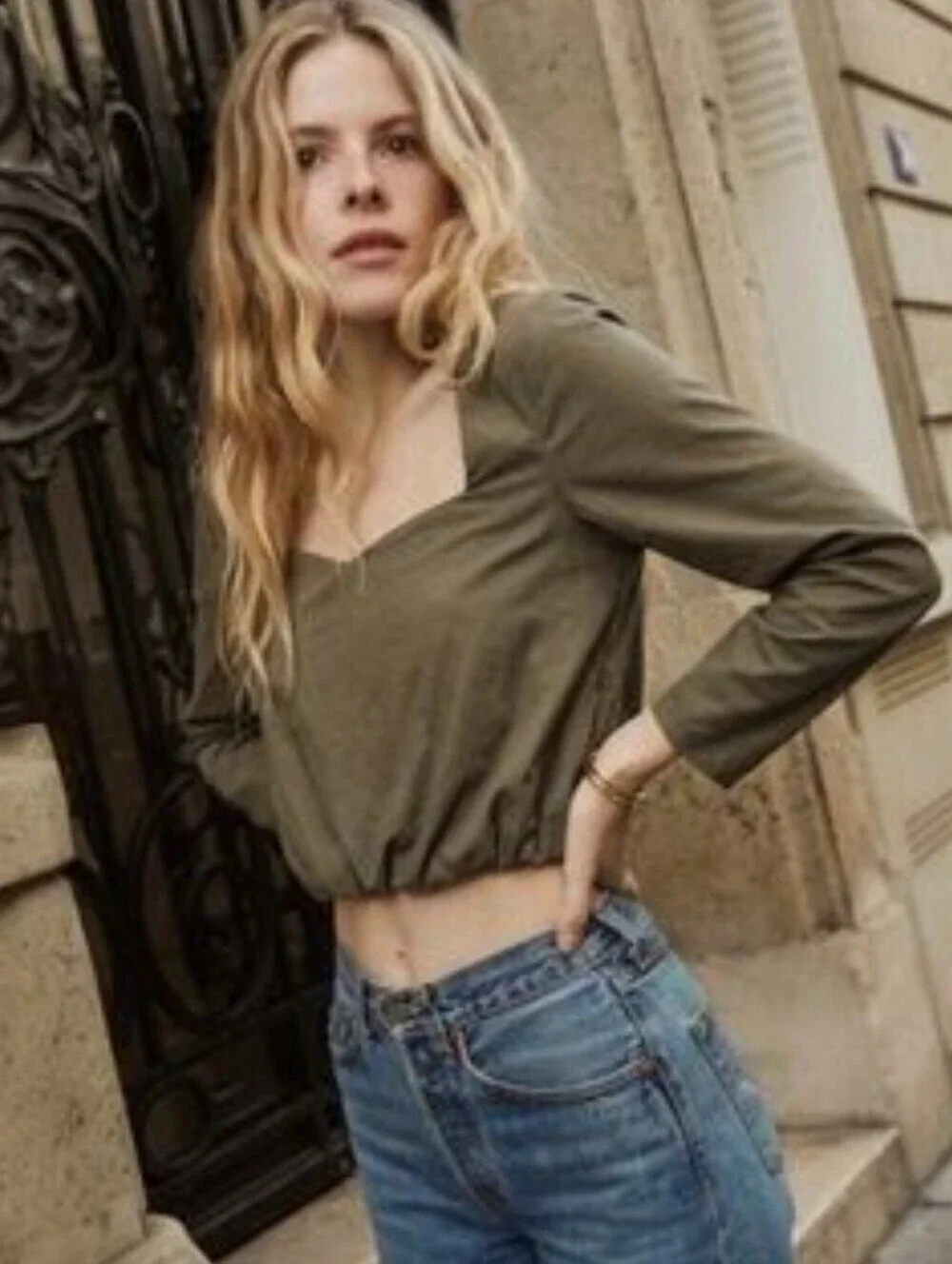 Zara Olive Brown Square Neck Bubble Hem Long Sleeve Crop Top Size M⁠